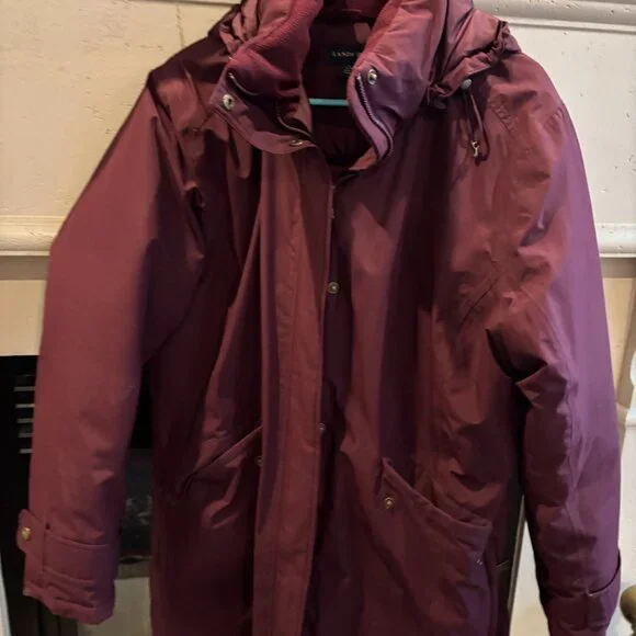 Lands End Women's Winter Long Jacket, L 14-16, Puffy Shell, Maroon - Picture 4 of 12